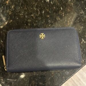 Tory Burch Dark Blue Wallet with Gold Emblem